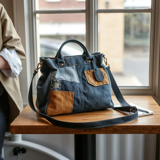 Patched denim bag on a café table with subtle casual outfit styling nearby