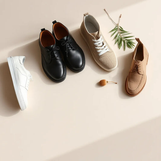 Trendy trainers, ankle boots, and loafers arranged on a neutral surface in natural light