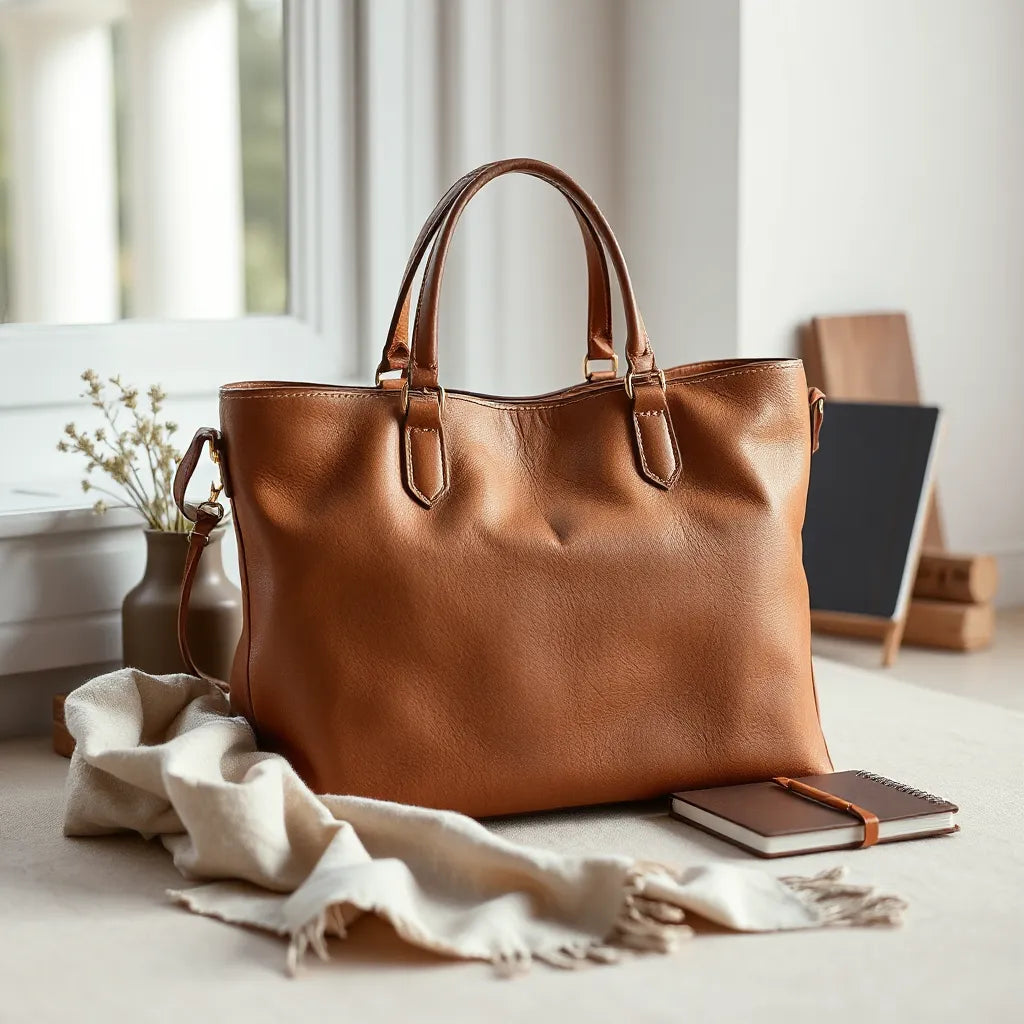 Structured genuine leather tote bag with visible grain, styled on a neutral surface with soft window light.