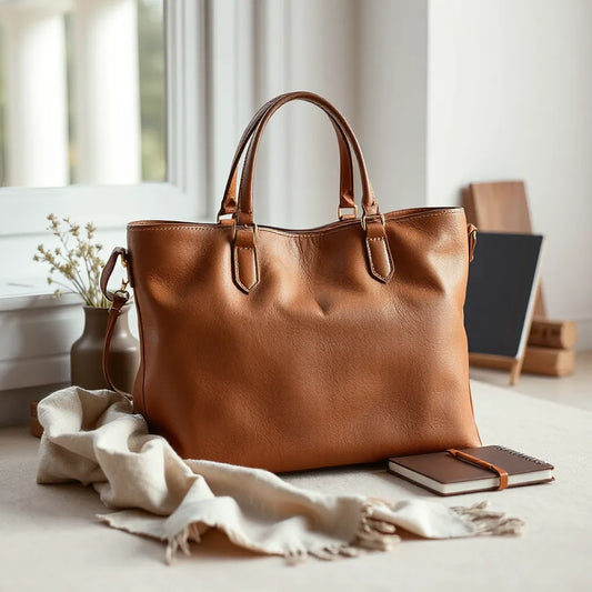Structured genuine leather tote bag with visible grain, styled on a neutral surface with soft window light.
