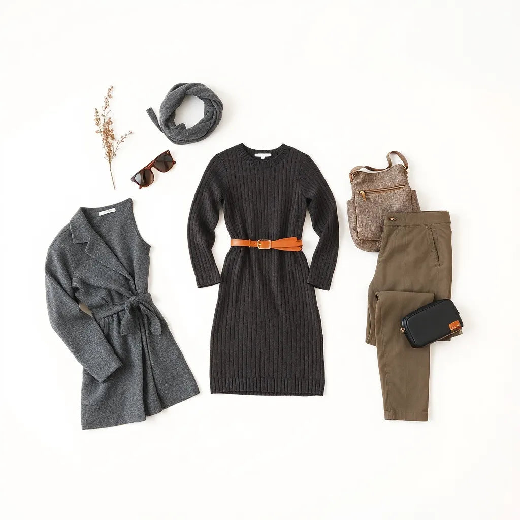 Neatly styled affordable women’s outfits with dress, top, trousers, jacket, and small bag on a neutral background