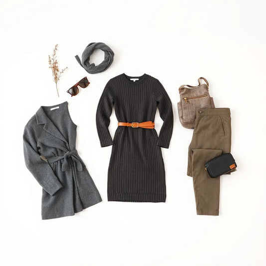 Neatly styled affordable women’s outfits with dress, top, trousers, jacket, and small bag on a neutral background