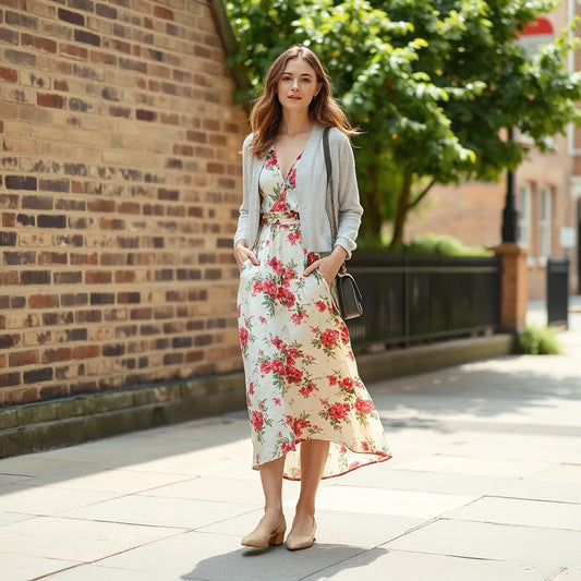 Woman in a comfortable floral dress with a relaxed fit and flowy skirt in bright natural light