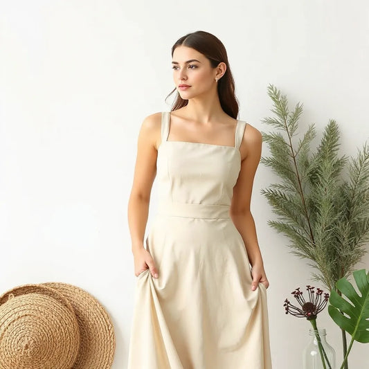 Model wearing a neutral adjustable shoulder strap dress with clear strap adjustment details in a bright studio setting
