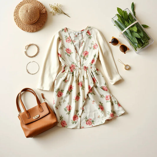 Floral print dress styled with a light cardigan, small handbag and jewellery on a neutral background