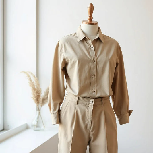 Structured chic silhouette shirt on a mannequin with high-waisted trousers in soft neutral tones