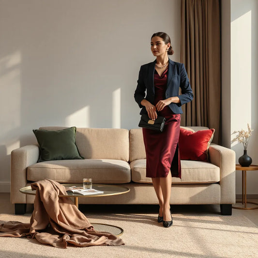 Elegant evening wear outfit with a satin dress, blazer, heels, and clutch in soft indoor light
