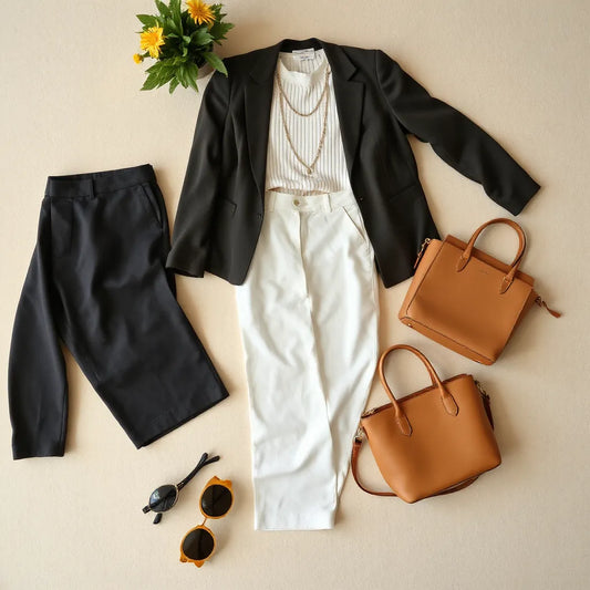 Curated women’s wardrobe essentials laid out neatly, including a blazer, knit top, skirt, jeans, and handbag