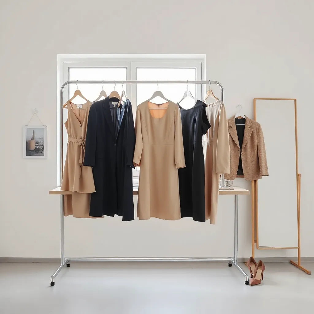 Tailored office wear dresses in neutral colours displayed beside a minimalist desk