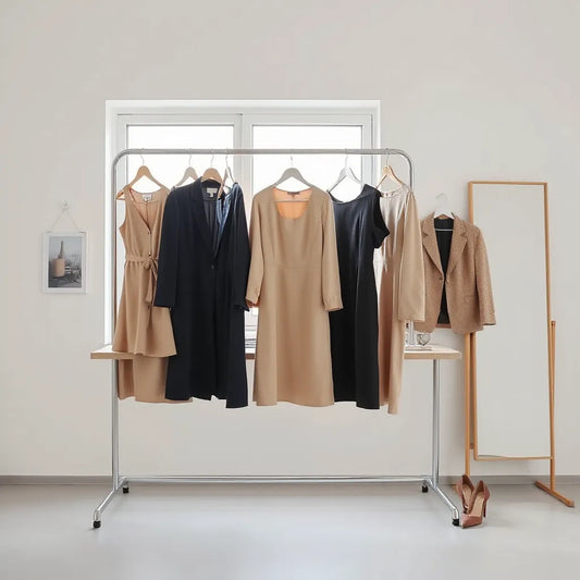 Tailored office wear dresses in neutral colours displayed beside a minimalist desk