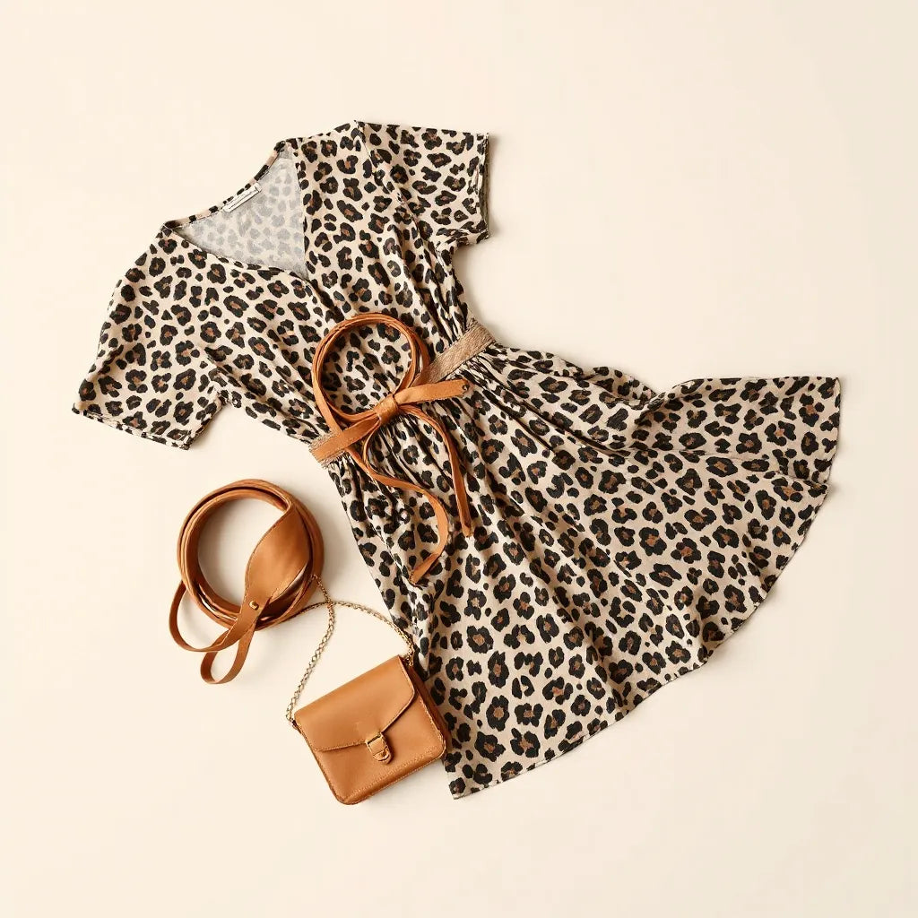 Animal print dress styled with a belt, scarf, sandals, and a simple shoulder bag on a light background