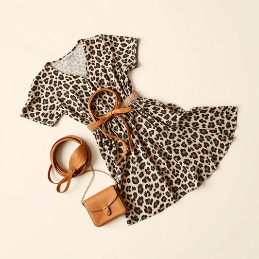 Animal print dress styled with a belt, scarf, sandals, and a simple shoulder bag on a light background