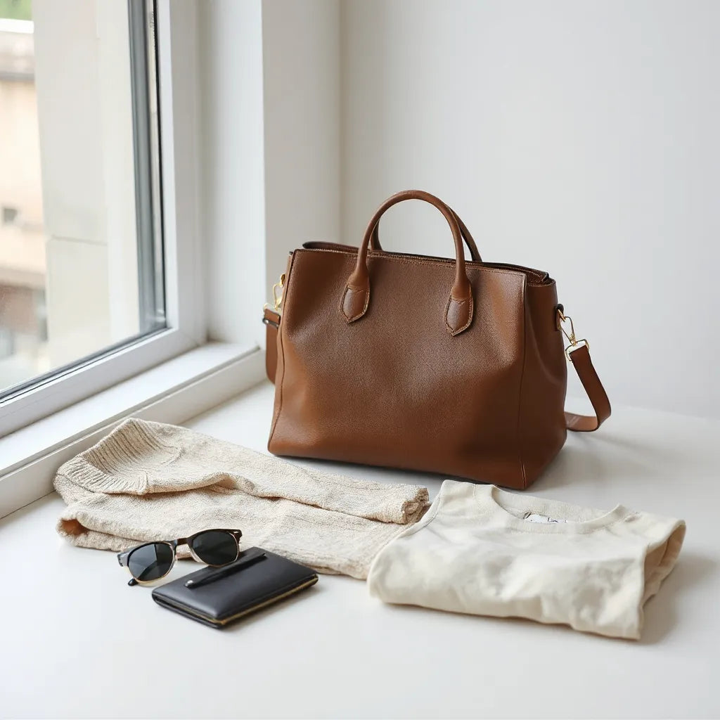 Stylish shoulder handbag with simple everyday outfit pieces arranged neatly for a clean styling look