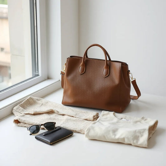 Stylish shoulder handbag with simple everyday outfit pieces arranged neatly for a clean styling look
