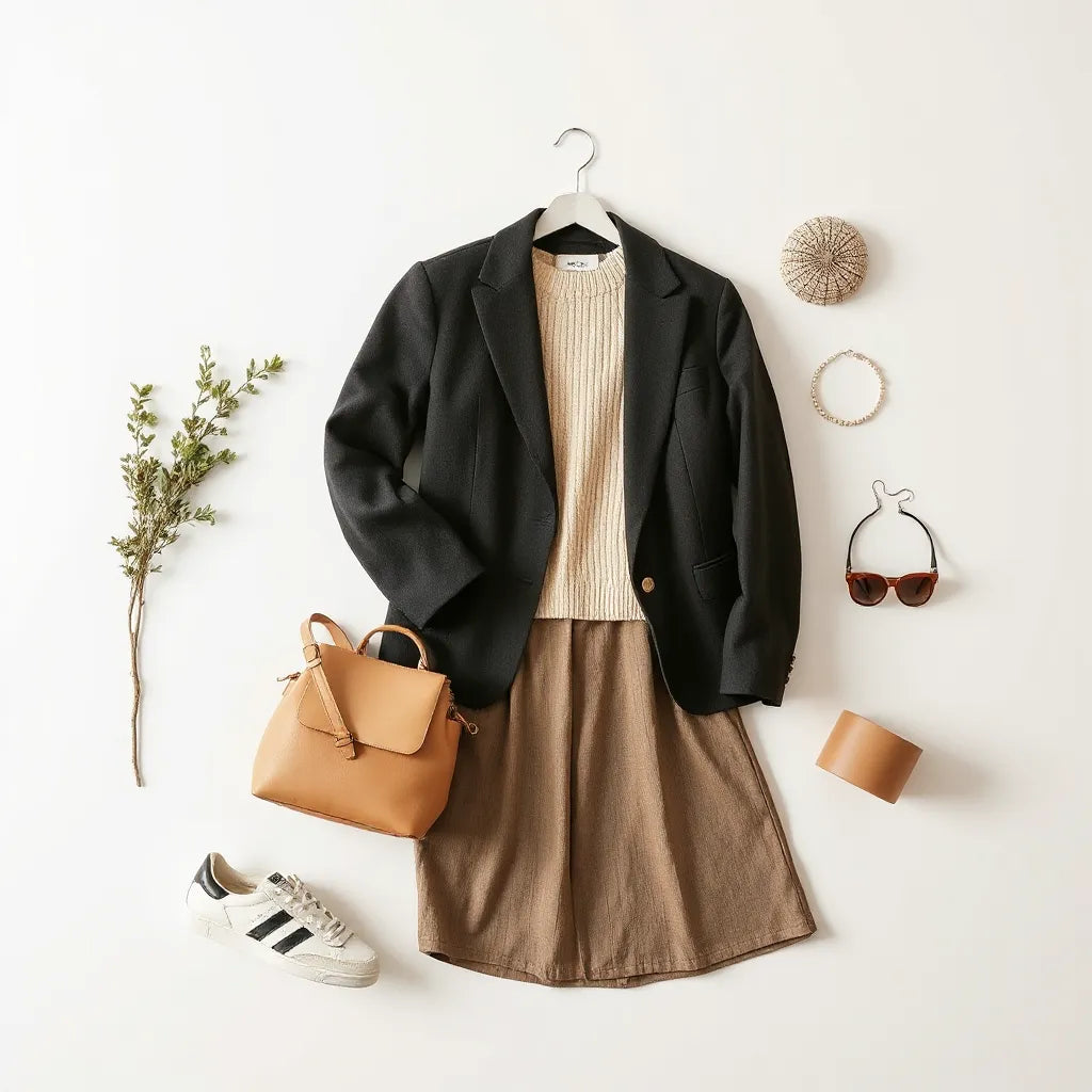 Neatly styled women’s outfit with blazer, knit top, midi skirt, handbag, and classic shoes on a neutral background