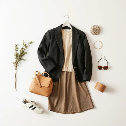 Neatly styled women’s outfit with blazer, knit top, midi skirt, handbag, and classic shoes on a neutral background