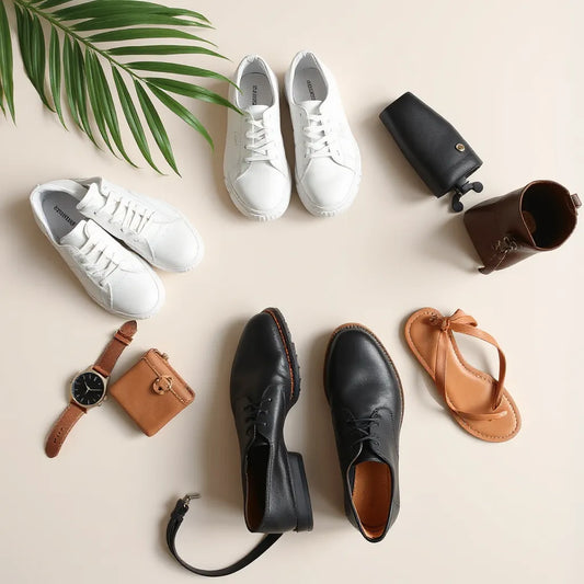 Assorted trendy shoes including trainers, loafers, ankle boots and sandals on a neutral background