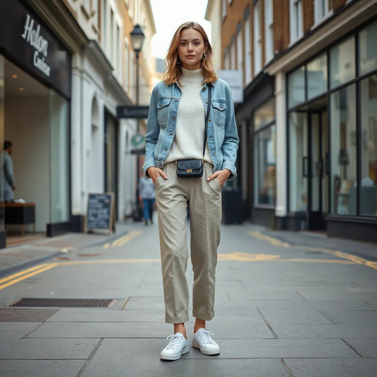 Woman in a denim jacket and relaxed trousers styled for everyday casual wear on a bright London street