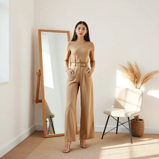 Woman wearing a tailored wide-leg jumpsuit with a belt and minimal accessories in a bright room