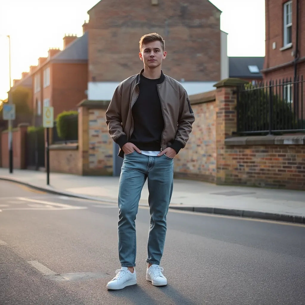Casual streetwear outfit with oversized sweatshirt, bomber jacket, jeans, and white trainers in a London street setting