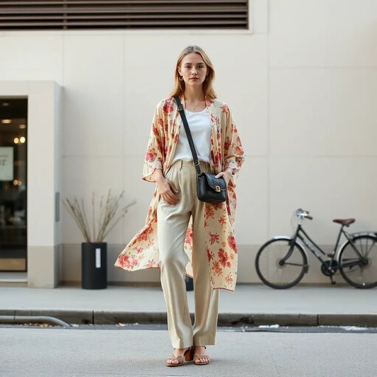 Model wearing a floral kimono cover up over a simple outfit with relaxed trousers and crossbody bag