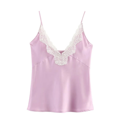 Lace Decorative Satin Texture Strap Top