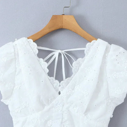 3D Jacquard Back Zipper Bubble Sleeve V-neck Small Top