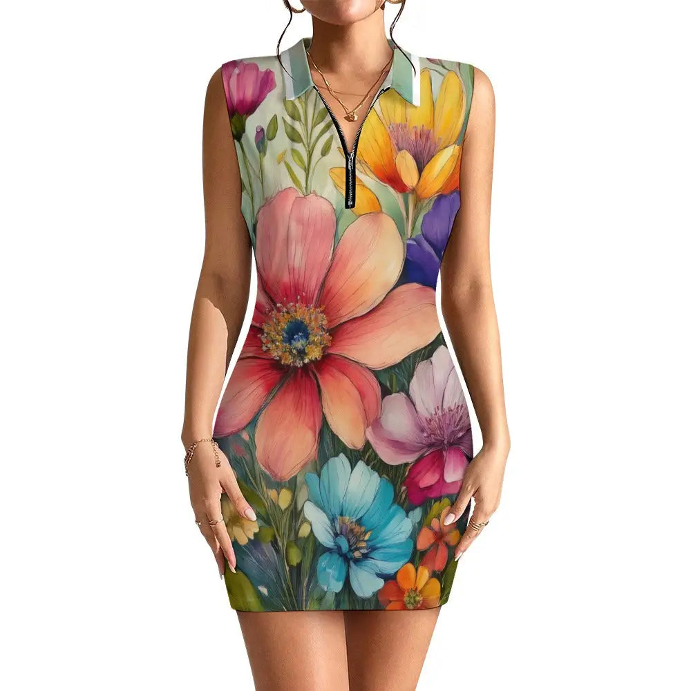 Short Sleeve Dress with Short Zipper Inkedjoy
