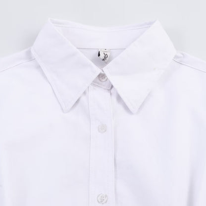 Simple all cotton Oxford long sleeved waist cinched collared shirt