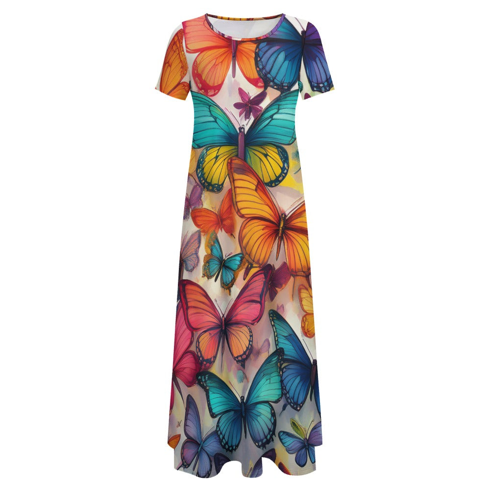 Round Neck Butterfly Short Sleeve Dress (No Pockets) Inkedjoy
