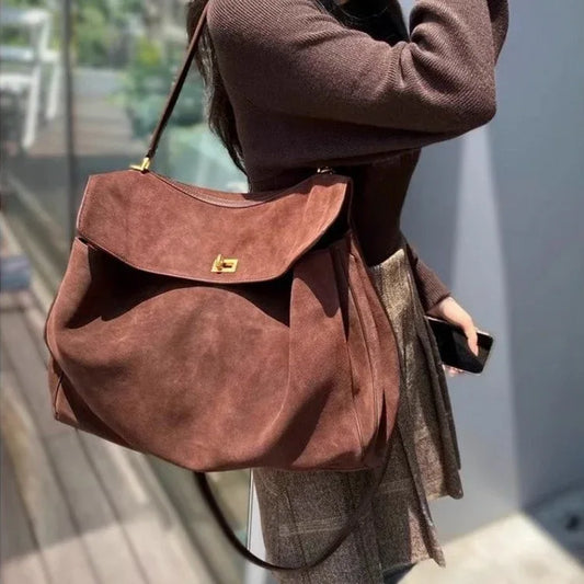 Vintage Autumn Winter Suede Matte Tote Bag, Elegant Shoulder Crossbody Kelly Bag for Women, Large Capacity Commuter Underarm Bag - London Look