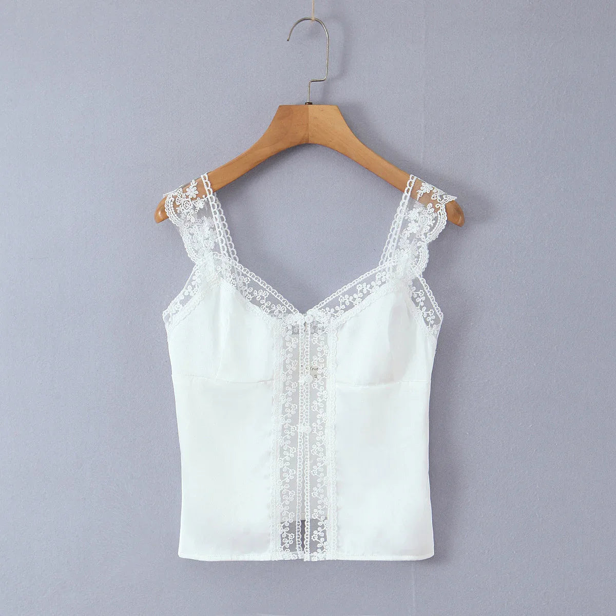 Lace patchwork satin single breasted white top