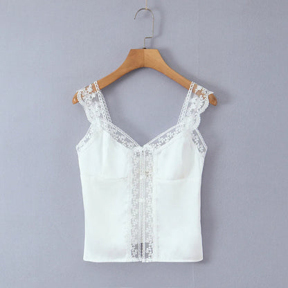 Lace patchwork satin single breasted white top