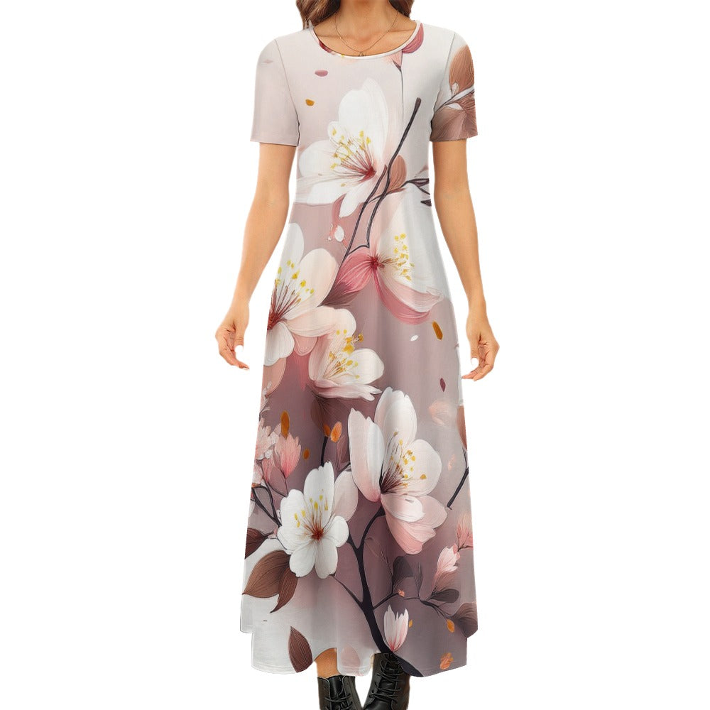 Flower Print Short Sleeve Dress (No Pockets) Inkedjoy