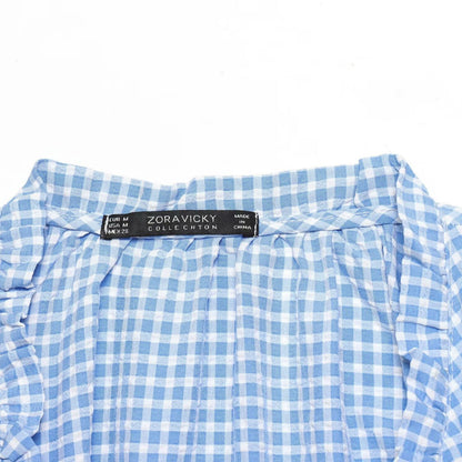 Fresh blue grid short shirt top