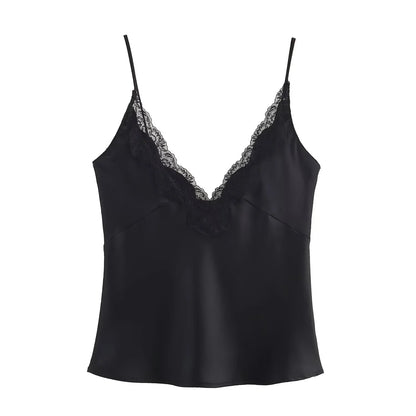 Lace Decorative Satin Texture Strap Top