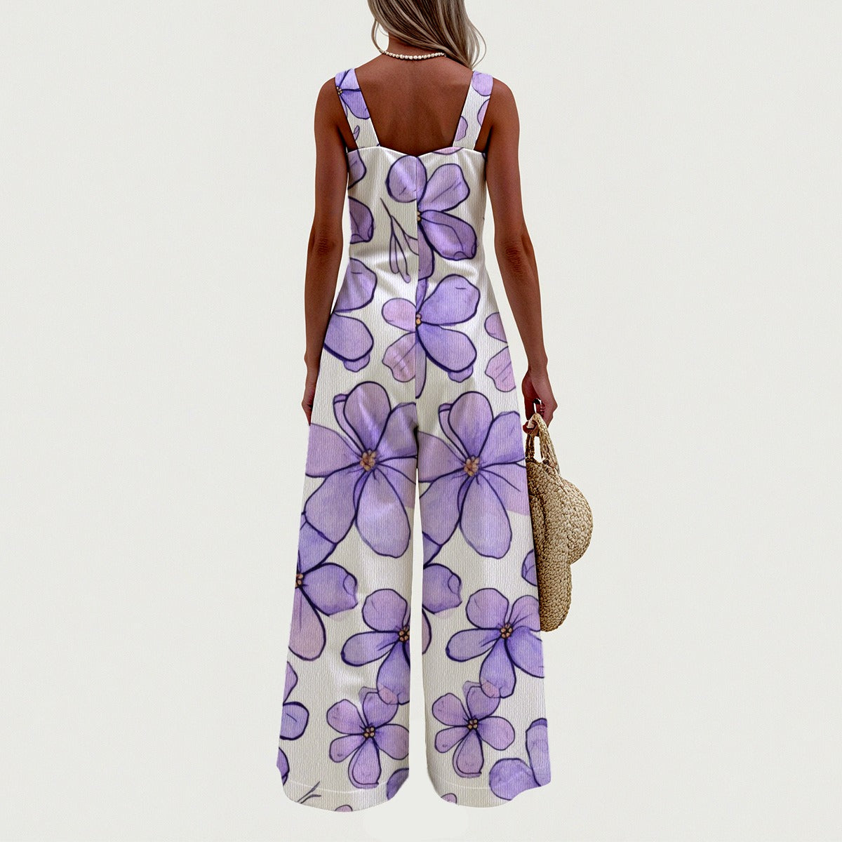 Purple Floral Wide-Leg Linen-Look Jumpsuit