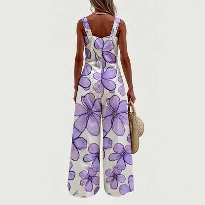 Purple Floral Wide-Leg Linen-Look Jumpsuit