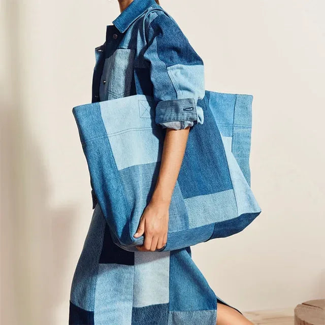 Spring Summer New Women's Color-matching Stitching Denim Bag Adult Versatile Large-capacity Shopping Bag Ladies Tote Bag - London Look