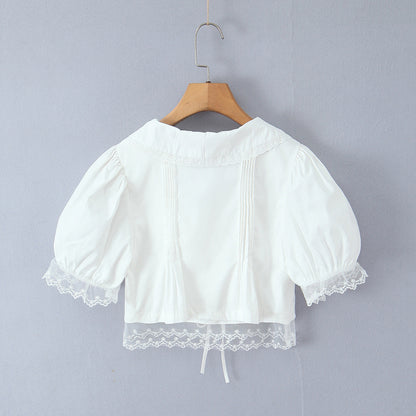 Doll collar lace patchwork bubble sleeves white top