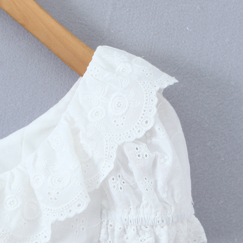 Retro lace collar with bubble sleeves slim fit single breasted top