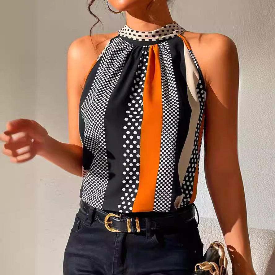 Fashionable Style Printed Off-Shoulder Stand-Up Collar Halter Top