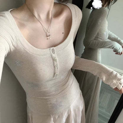 Snowflake Rhinestone Half-Open Collar Long Sleeve T-Shirt