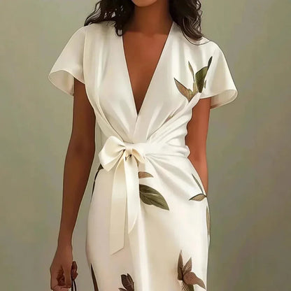 Satin Printed Belted Dress - London Look