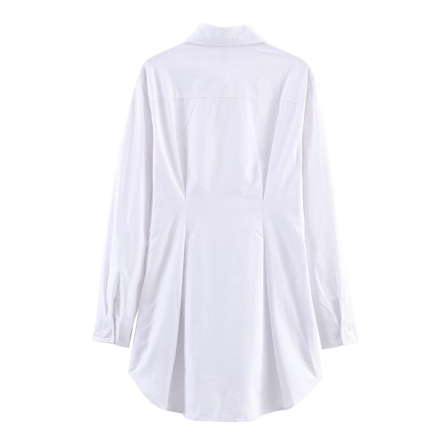 Simple all cotton Oxford long sleeved waist cinched collared shirt