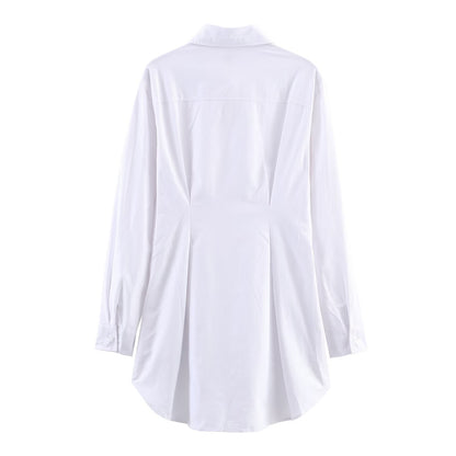 Simple all cotton Oxford long sleeved waist cinched collared shirt