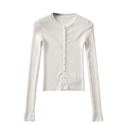 Round neck buckle long sleeved elastic slim fit top