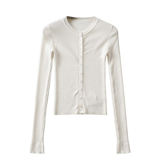 Round neck buckle long sleeved elastic slim fit top