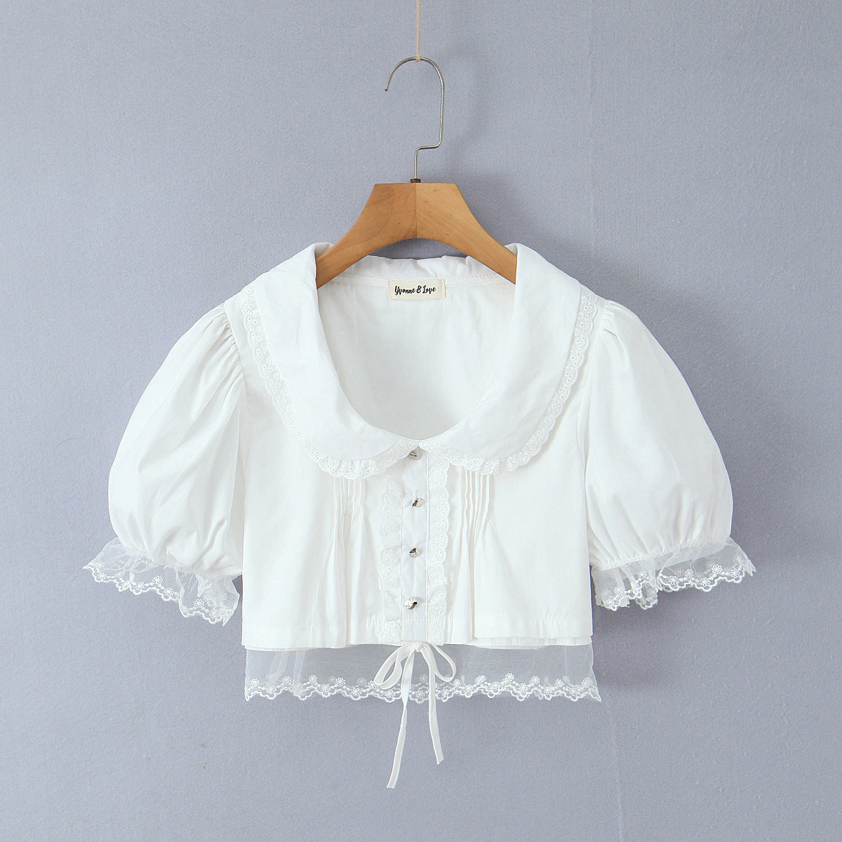 Doll collar lace patchwork bubble sleeves white top