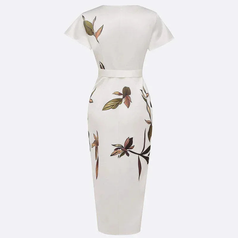 Satin Printed Belted Dress - London Look